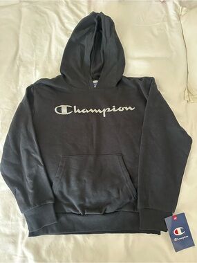 Champion Black Child Hoodie with Silver Script Logo